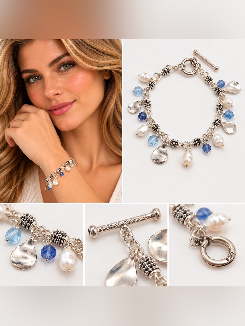 Michael Dawkins Sterling Silver 925 Pearl Blue Gemstone Charm Bracelet